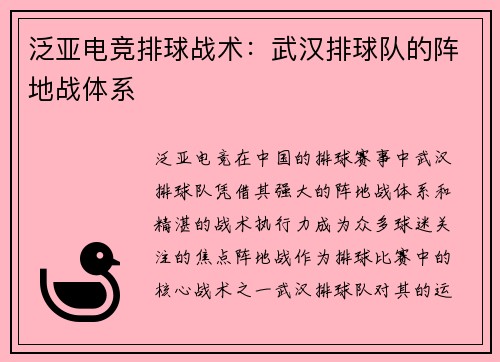 泛亚电竞排球战术：武汉排球队的阵地战体系